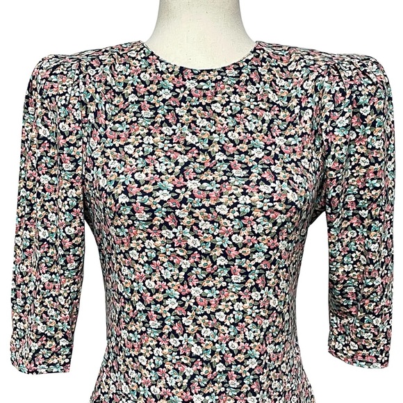 Paquette Petite Vintage 80s Puff Sleeve Ditsy Floral Midi Dress Size 10P - Picture 4 of 13
